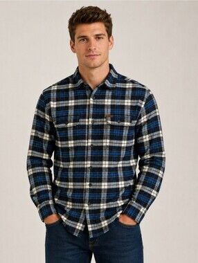 Orvis Flannel Shirt Mens Large Blue Plaid Button Front Heavyweight Outdoor